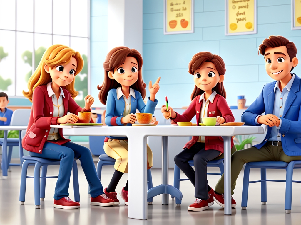 3D Animation Style two Parents in school cafe mom and dad and 0